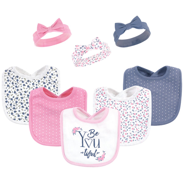 Hudson Baby Infant Girl Cotton Bib and Headband 8 Pack, One Size