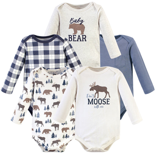 Hudson Baby Infant Boy Cotton Long-Sleeve Bodysuits 5 Pack, Moose Bear
