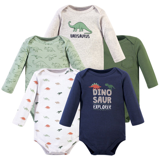 Hudson Baby Infant Boy Cotton Long-Sleeve Bodysuits 5 Pack, Dinosaur Explorer
