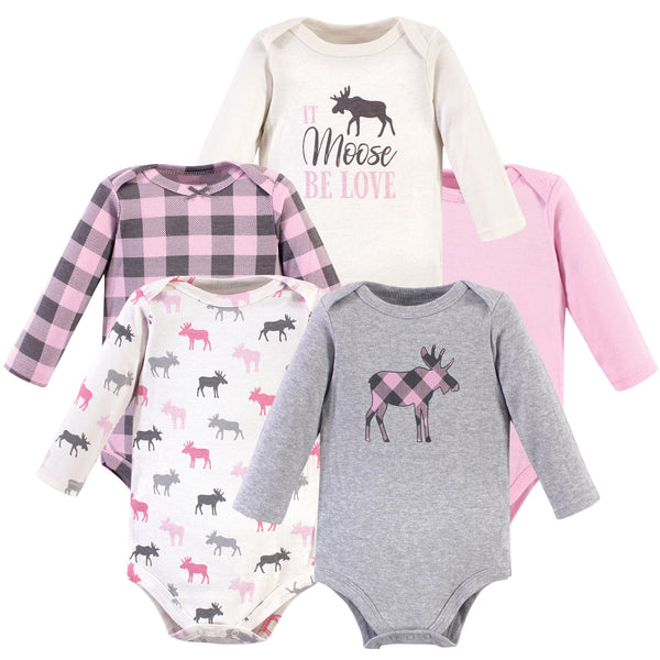 Hudson Baby Infant Girl Cotton Long-Sleeve Bodysuits 5-pack, Pink Moose