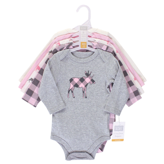 Hudson Baby Infant Girl Cotton Long-Sleeve Bodysuits 5-pack, Pink Moose