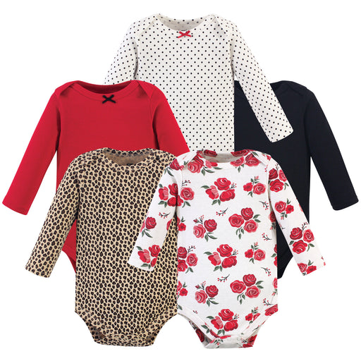 Hudson Baby Infant Girl Cotton Long-Sleeve Bodysuits 5-pack, Basic Rose Leopard