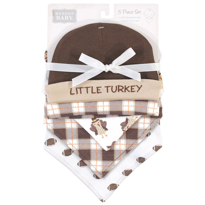 Hudson Baby Infant Boy Cotton Bib and Caps Set 5 Pack, Boy Turkey, One Size