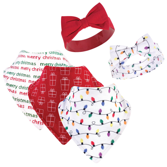 Hudson Baby Infant Girl Cotton Bib and Headband Set 5 Pack, Christmas Lights, One Size
