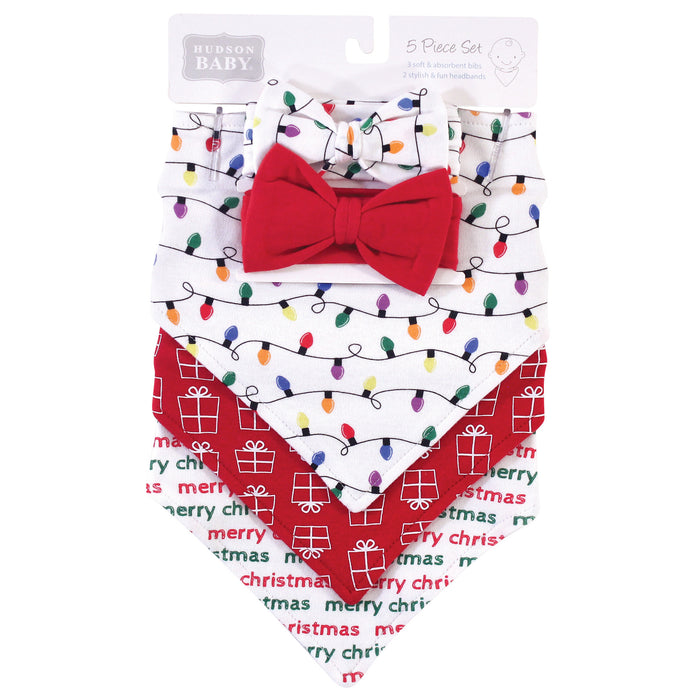 Hudson Baby Infant Girl Cotton Bib and Headband Set 5 Pack, Christmas Lights, One Size