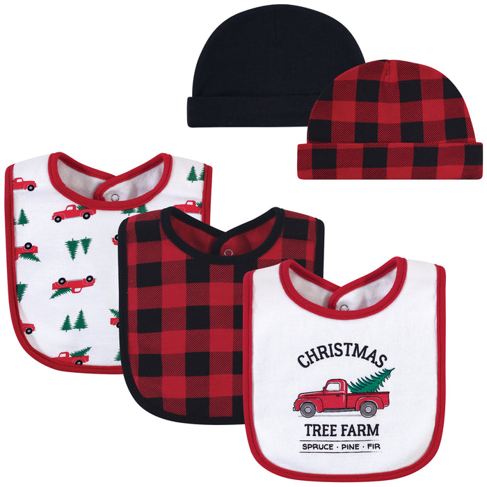 Hudson Baby Infant Boy Cotton Bib and Caps Set 5 Pack, Christmas Tree Farm, One Size