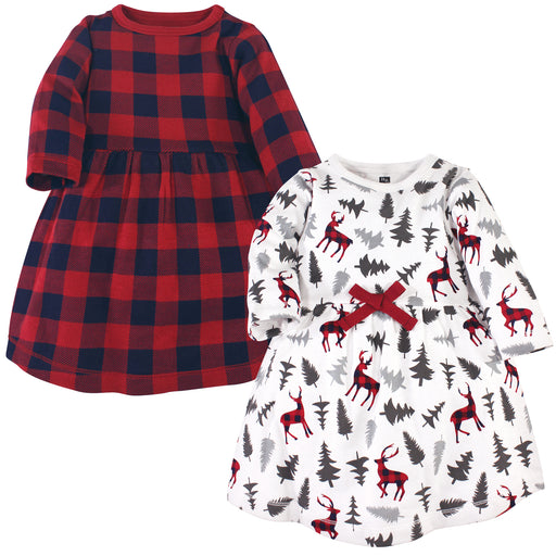 Hudson Baby Infant and Toddler Girl Cotton Long-Sleeve Dresses 2Pack, Forest Deer