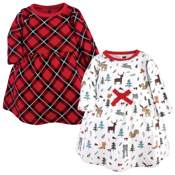 Hudson Baby Girls Cotton Long-Sleeve Dresses 2 Pack, Woodland Friends