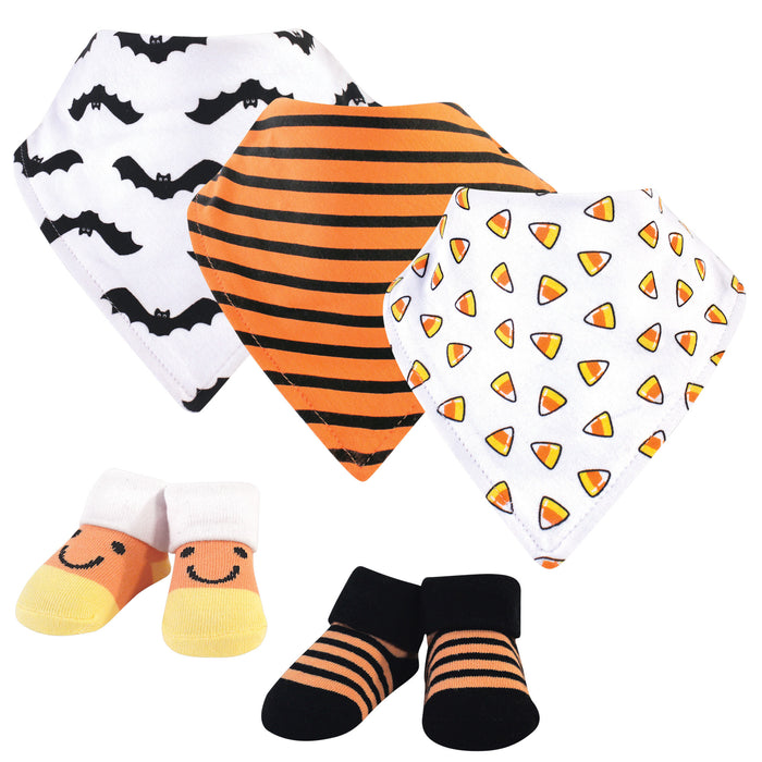 Hudson Baby Infant Cotton Bib and Sock Set 5-Pack, Candy Corn, One Size