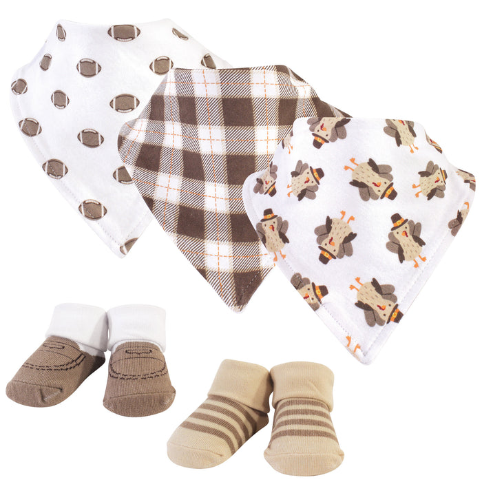 Hudson Baby Infant Boy Cotton Bib and Sock Set 5 Pack, Boy Turkey, One Size