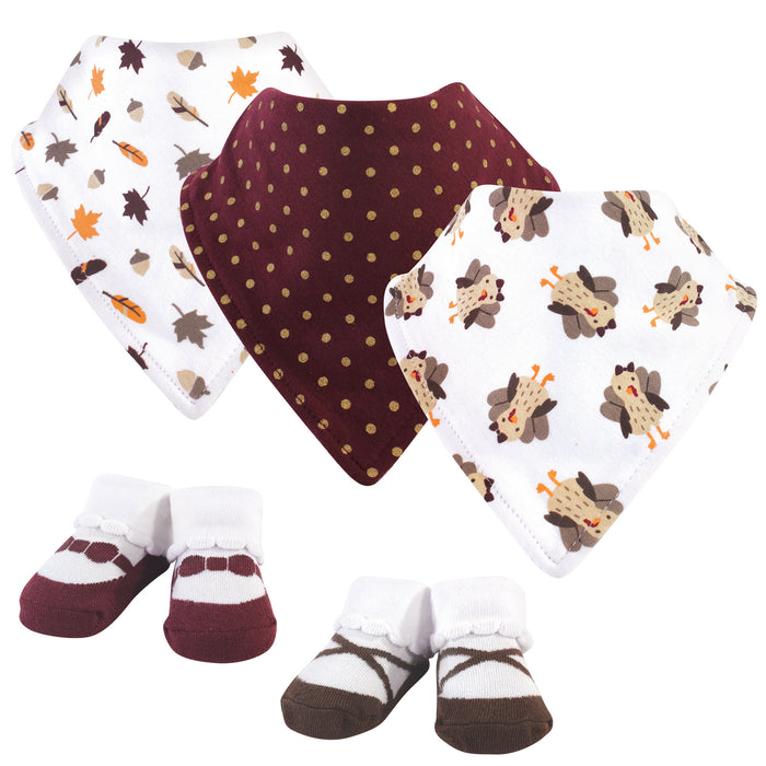 Hudson Baby Infant Girl Cotton Bib and Sock Set 5 Pack, Girl Turkey, One Size