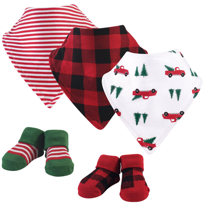 Hudson Baby Infant Boy Cotton Bib and Sock Set 5 Pack, Christmas Tree, One Size