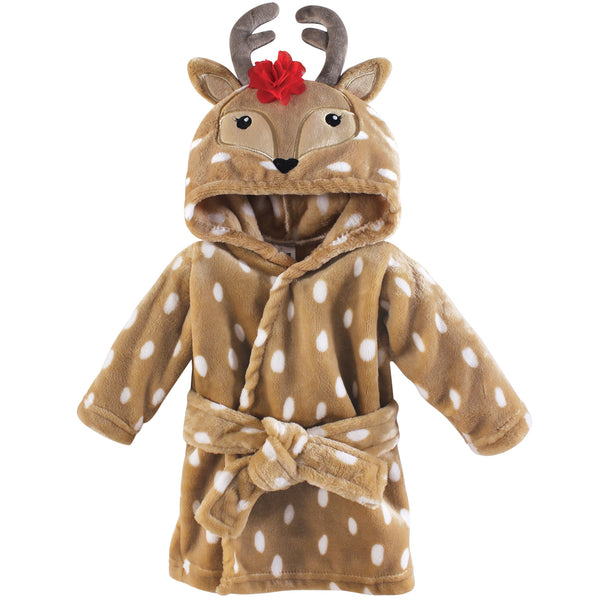 Hudson Baby Infant Girl Plush Animal Face Bathrobe, Girl Reindeer, 0-9 Months