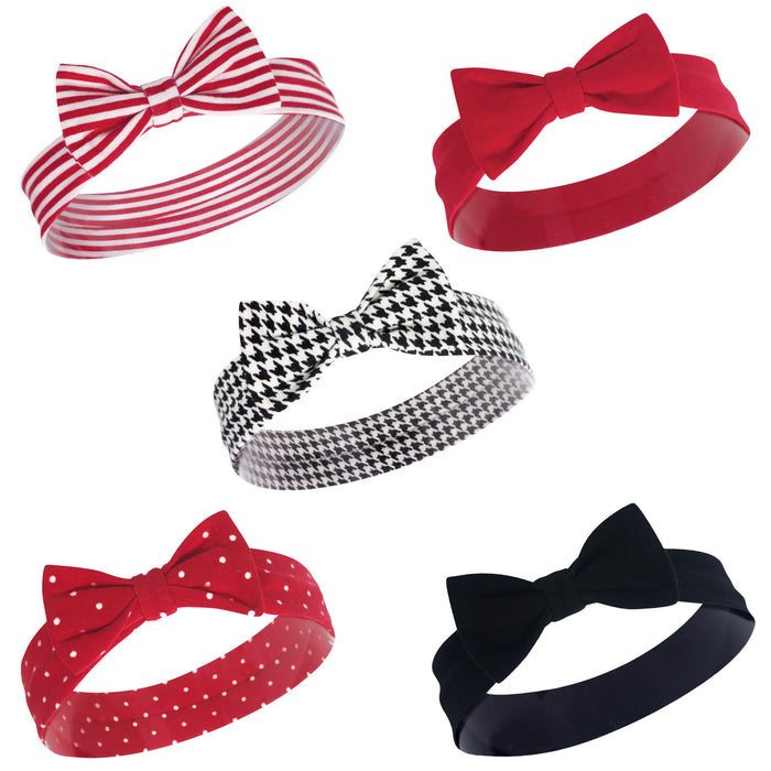 Hudson Baby Infant Girl Cotton Headbands 5-Pack, Red Houndstooth, 0-24 Months