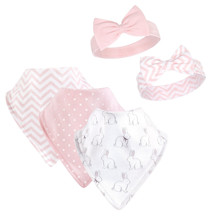 Hudson Baby Infant Girl Cotton Bib and Headband Set 5 Pack, White Bunny