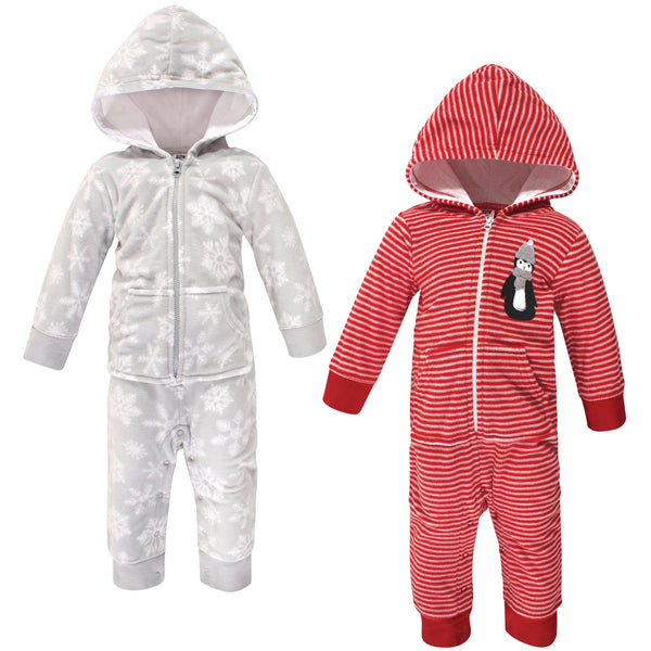 Hudson Baby Infant Fleece Hooded Coveralls, 2 Pack, Red Penguin