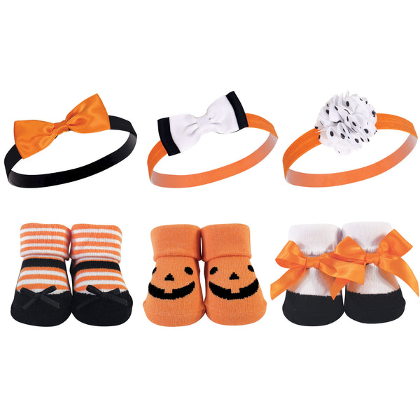 Hudson Baby Infant Girl Headband and Socks Giftset 6 Piece, Pumpkin, One Size