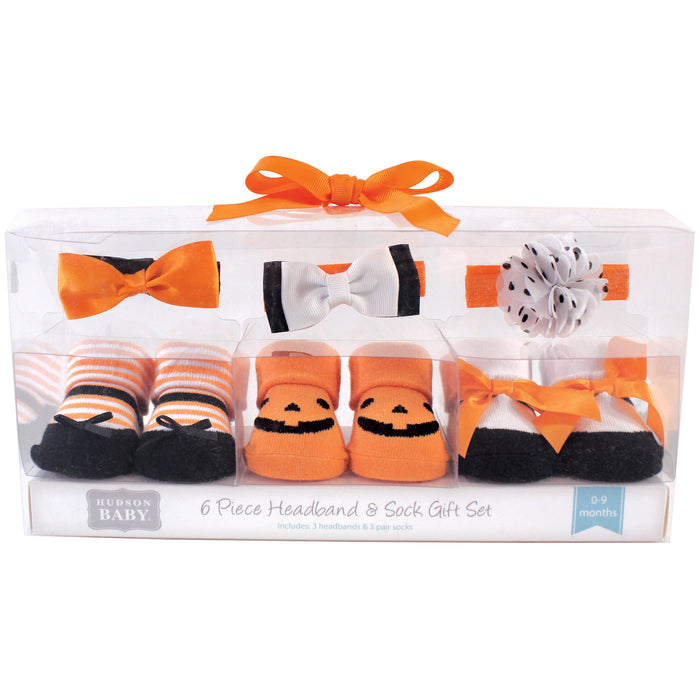 Hudson Baby Infant Girl Headband and Socks Giftset 6 Piece, Pumpkin, One Size