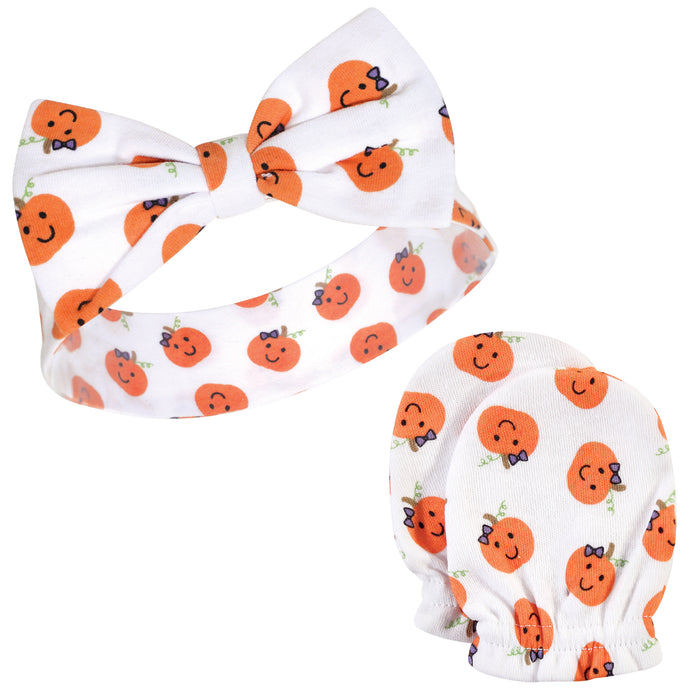 Hudson Baby Infant Girl Cotton Headband and Scratch Mitten 6 Piece Set, Halloween Dots