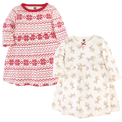 Hudson Baby Infant and Toddler Girl Long-Sleeve Cotton Dresses 2 Pack, Reindeer