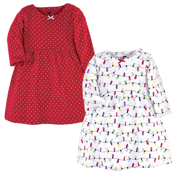 Hudson Baby Infant and Toddler Girl Long-Sleeve Cotton Dresses 2 Pack, Christmas Lights