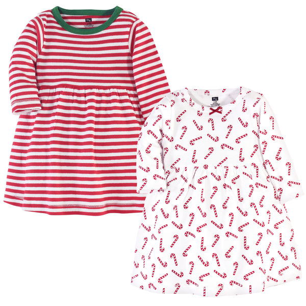 Hudson Baby Infant and Toddler Girl Long-Sleeve Cotton Dresses 2 Pack, Candy Cane