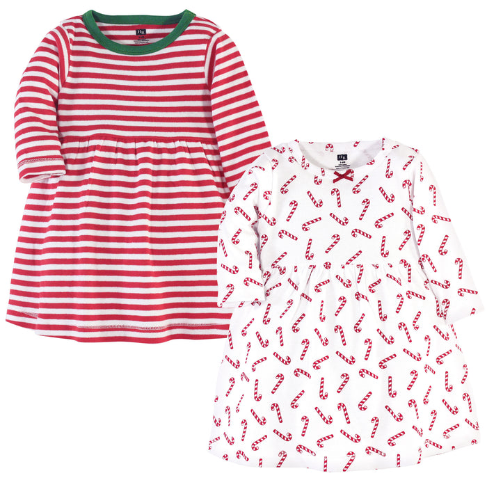 Hudson Baby Infant and Toddler Girl Long-Sleeve Cotton Dresses 2 Pack, Candy Cane