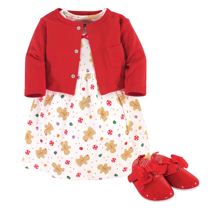 Hudson Baby Infant Girl Cotton Dress, Cardigan and Shoe 3-piece Set, Sugar Spice