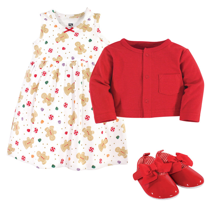 Hudson Baby Infant Girl Cotton Dress, Cardigan and Shoe 3-piece Set, Sugar Spice