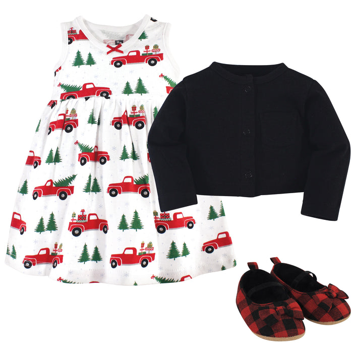 Hudson Baby Infant Girl Cotton Dress, Cardigan and Shoe 3 Piece Set, Christmas Tree