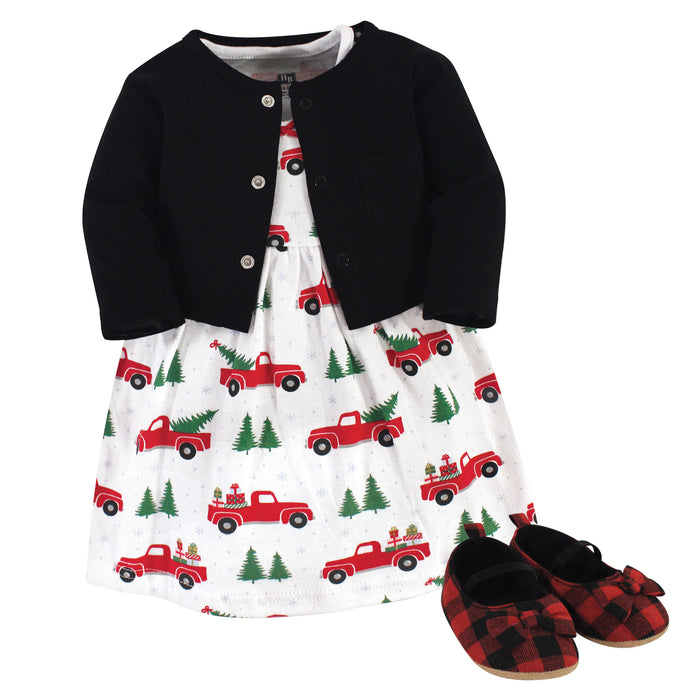 Hudson Baby Toddler Girl Cotton Dress, Cardigan and Shoe 3 Piece Set, Christmas Tree
