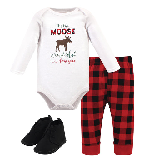 Hudson Baby Infant Boy Cotton Bodysuit, Pant and Shoe 3 Piece Set, Moose Wonderful Time