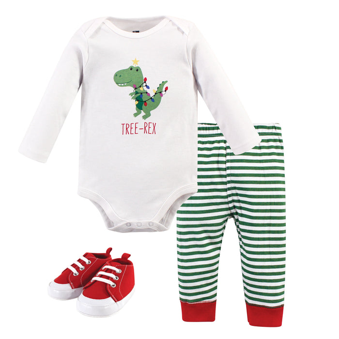 Hudson Baby Infant Boy Cotton Bodysuit, Pant and Shoe 3 Piece Set, Tree Rex