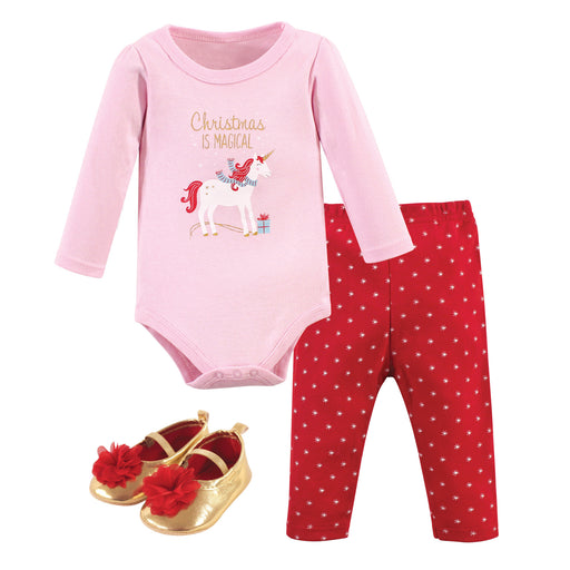 Hudson Baby Infant Girl Cotton Bodysuit, Pant and Shoe 3 Piece Set, Magical Christmas