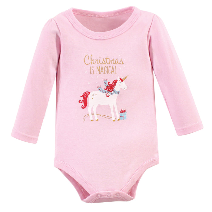 Hudson Baby Infant Girl Cotton Bodysuit, Pant and Shoe 3 Piece Set, Magical Christmas