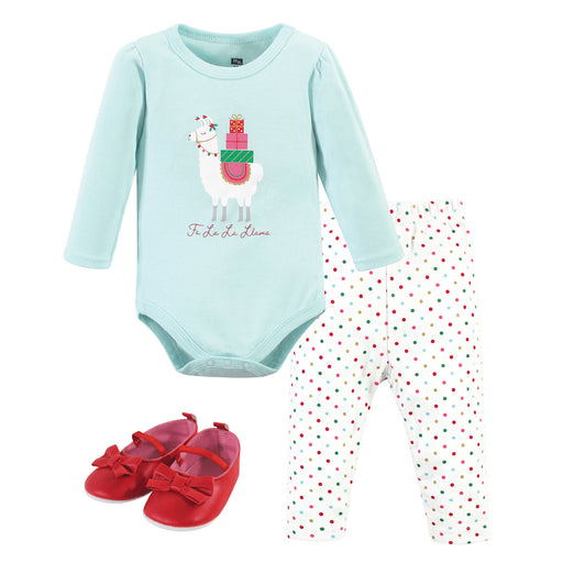 Hudson Baby Infant Girl Cotton Bodysuit, Pant and Shoe 3 Piece Set, Fa La Llama