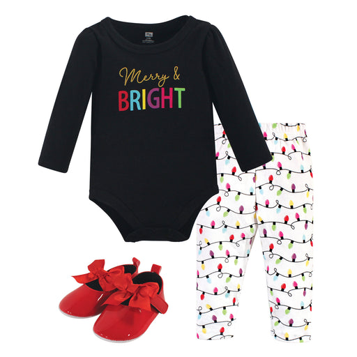 Hudson Baby Infant Girl Cotton Bodysuit, Pant and Shoe 3 Piece Set, Merry & Bright