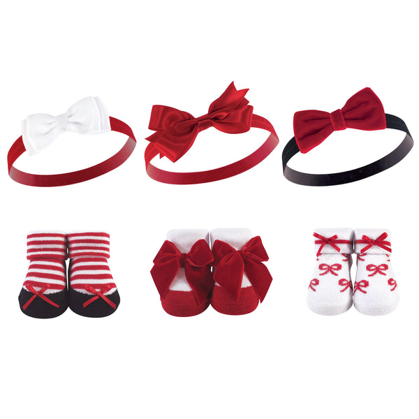 Hudson Baby Infant Girl Headband and Socks Giftset 6 Piece, Red Bows, One Size