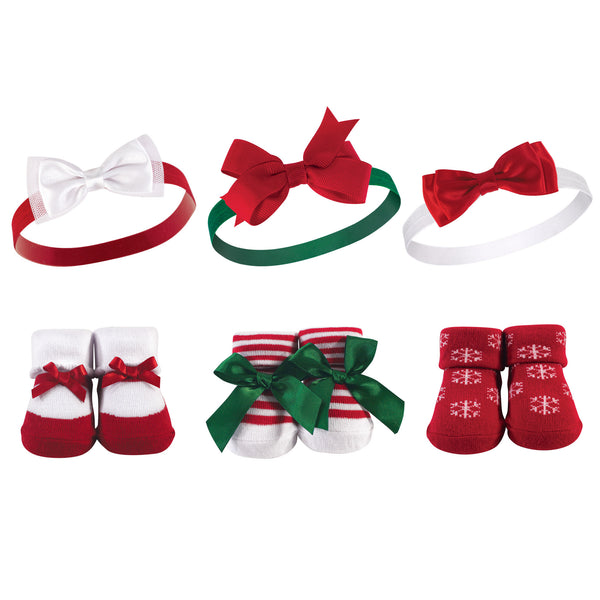 Hudson Baby Infant Girl Headband and Socks Giftset 6 Piece, Christmas Snowflake, One Size