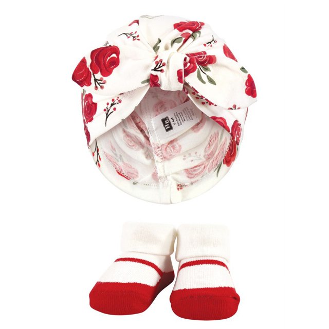 Hudson Baby Girls Turban and Socks Set, Red Rose Leopard, One Size