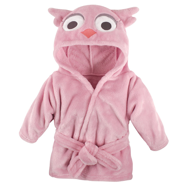 Hudson Baby Infant Girl Plush Animal Face Bathrobe, Pink Owl, 0-9 Months