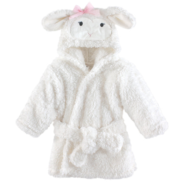 Hudson Baby Infant Girl Plush Animal Face Bathrobe, Girl Lamb, 0-9 Months