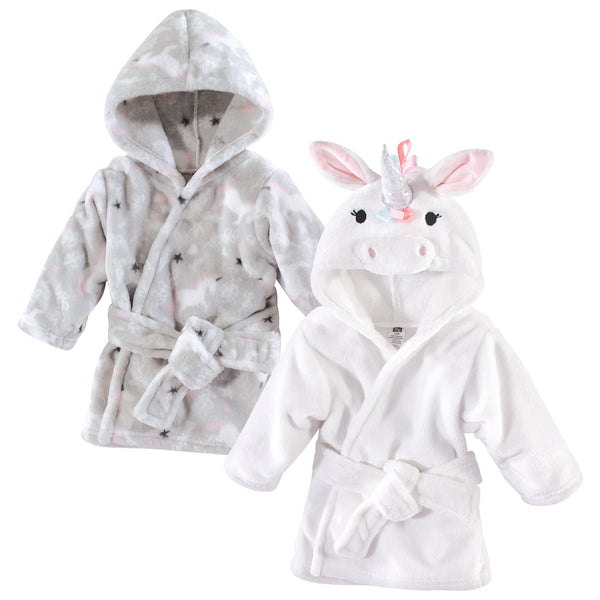 Hudson Baby 2 Piece Plush Animal Face Bathrobe, Gray Whimsical Unicorn Rainbow