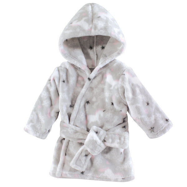 Hudson Baby Infant Girl Plush Animal Bathrobe, Gray Whimsical Unicorn, 0-9 Months