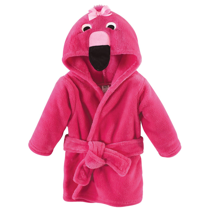 Hudson Baby Infant Girl Plush Animal Face Bathrobe, Flamingo, 0-9 Months