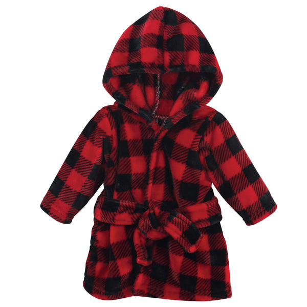 Hudson Baby Infant Plush Animal Face Bathrobe, Red Black Plaid, 0-9 Months