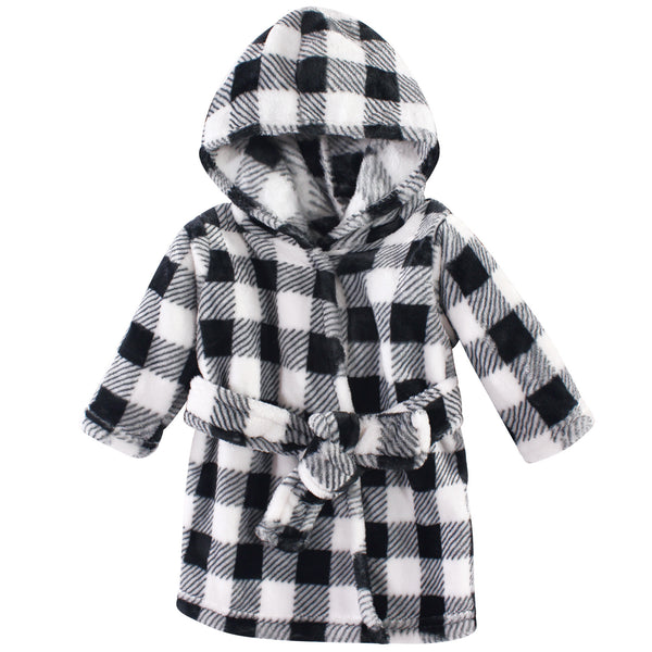 Hudson Baby Infant Plush Animal Bathrobe, Black Plaid, 0-9 Months