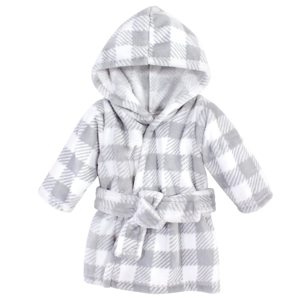 Hudson Baby Infant Plush Animal Face Bathrobe, Gray Plaid, 0-9 Months