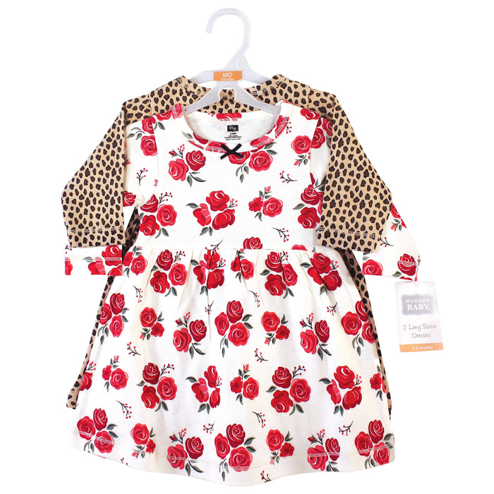 Hudson Baby Infant and Toddler Girl Cotton Long-Sleeve Dresses 2Pack, Rose Leopard