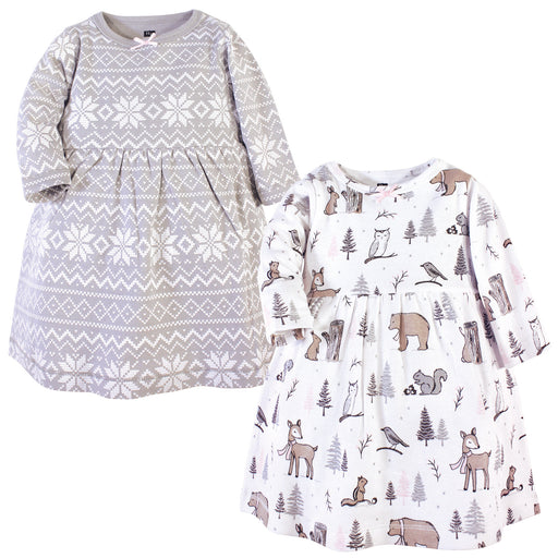 Hudson Baby Infant and Toddler Girl Cotton Long-Sleeve Dresses 2Pack, Gray Winter Forest